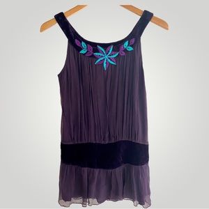 Purple Velvet Embroidered Pleated Mesh Tank Top Size Medium